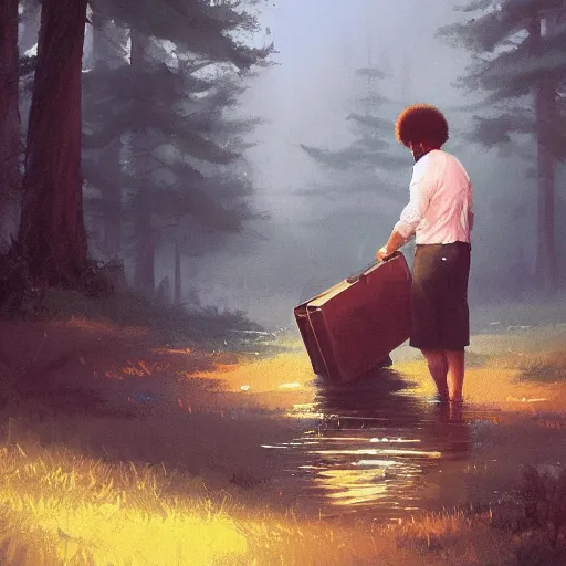 Prompt: Bob Ross throwing away paintings, illustrated by Greg Rutkowski, trending on artstation, 4k, 8k