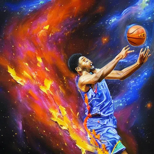 Image similar to an expressive oil painting of a basketball player dunking, depicted as an explosion of a nebula