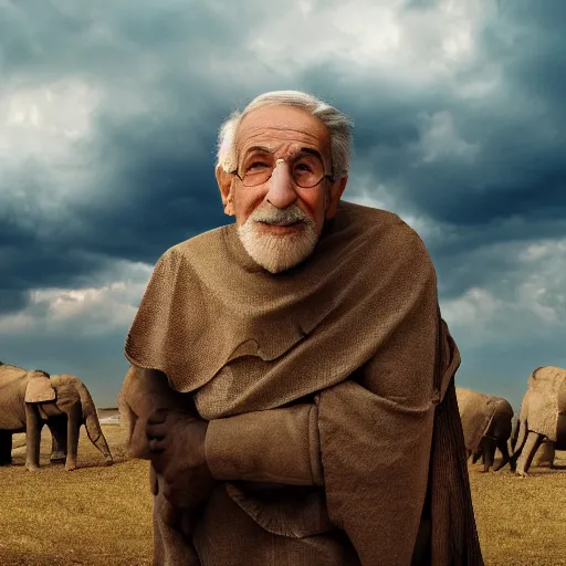 Image similar to cinematic film still of 80 year old Mediterranean skinned man in ancient Canaanite clothing stands next to a pair of elephants. Storm clouds. directed by Steven Spielberg