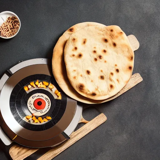 Image similar to a turntable playing a pita bread, product photography