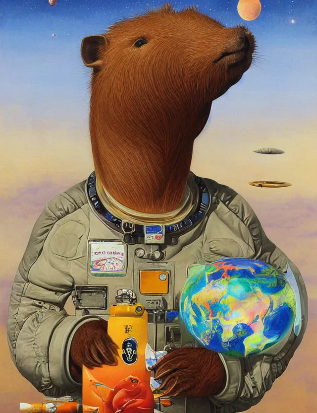 Image similar to beautiful detailed painting of a capybara in a spacesuit floating above earth by casey weldon by mark ryden by thomas blackshear