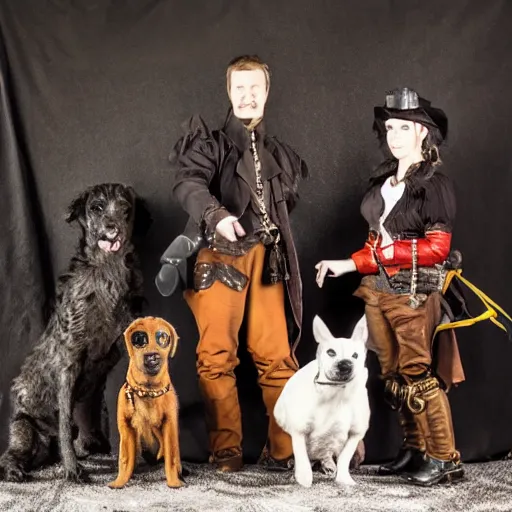 Image similar to portrait of a ragtag team of three dogs dressed as thieves in a dark haunted steampunk setting