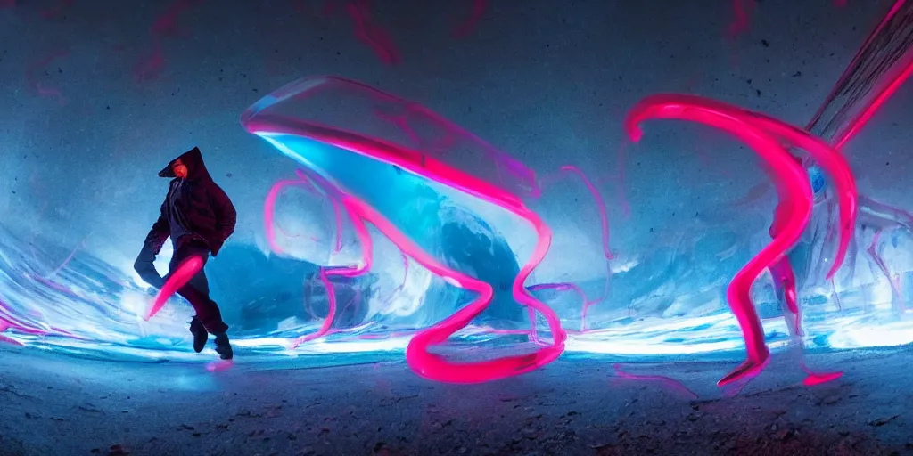 Prompt: fisheye slow motion with trail effect of futuristic break dancer wearing long dark cloak with red neon lights, long exposure shot , enigmatic, at night in the middle of the arctic, paddle of water, steam, fog, water splashes, rim lights, glossy reflections, water droplets on lens, octane render, Volumetric dynamic lighting, stunning cover magazine, high details,