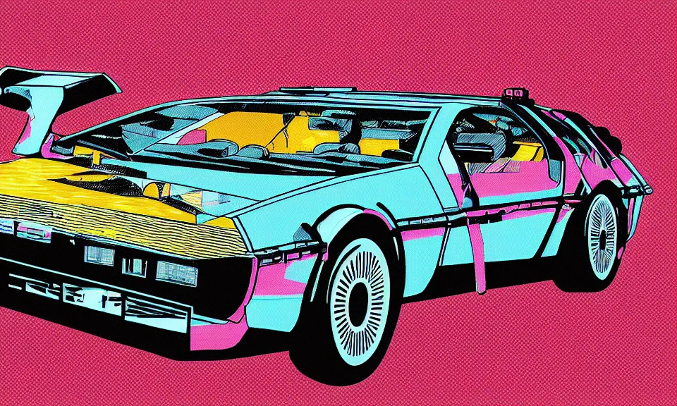 Image similar to pop art illustration of a delorean, abstract, adobe illustrator