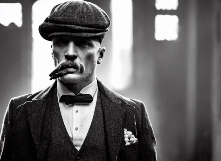 Image similar to an action scene from peaky blinders, medium long shot, tom hardy, sharp eyes, serious expressions, detailed and symmetric faces, black and white, cinematic, epic,