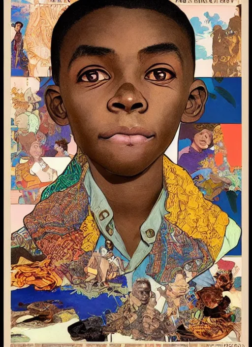 Image similar to colourful upper half portrait of an african boy with proportions in the style of jack davis - presented in magazine collage style, art by hsiao - ron cheng & alphonse mucha, magazine collage, highly detailed, caricature, caricature, digital painting, concept art, ray tracing, illustration, illustration, smooth, sharp focus, intricate, symmetry, pinterest, behance, artstation