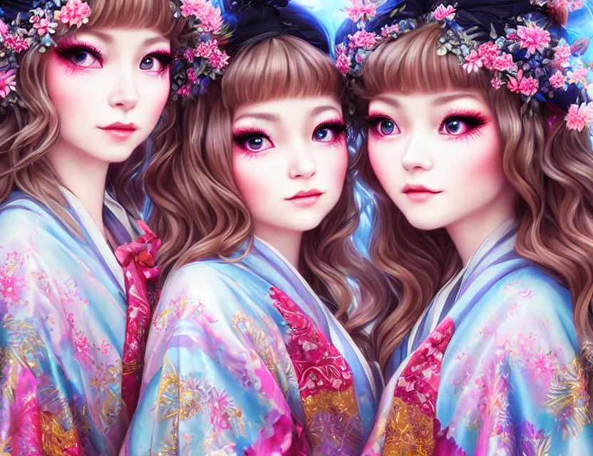 Image similar to two beautiful fashion siberian girls wear fantasy kimono in festival | | big eyes, sunny, dreamlike art, realistic shaded, smile, good looking, hyper details, 4 k realistic, cryengine, realistic shaded lighting poster by artgerm, ross tran, fuji choko, loish, 8 k resolution, trending on artstation, luxury