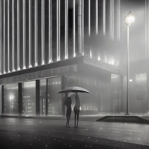 Image similar to modern high end designer restaurant at night in the foggy rain, streetscape, symmetrical art deco office building with accent lighting, moody, epic composition, professional photograph, highly detailed, warm lighting interior, matte painting, large windows, large statue with wings, dramatic lighting, unreal engine, artstation, pastels