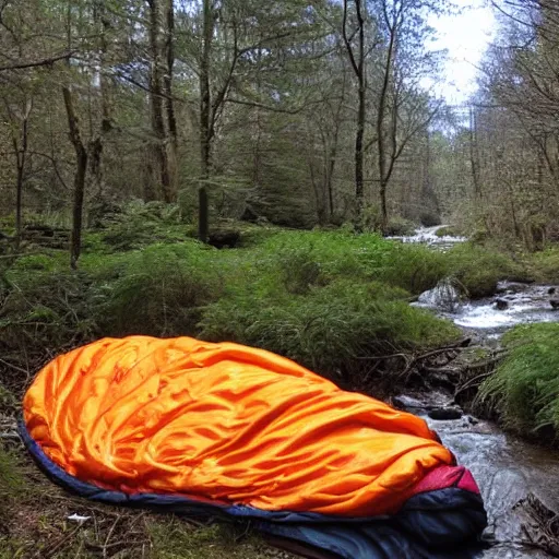 Prompt: a sleeping bag by a small creek in a forest