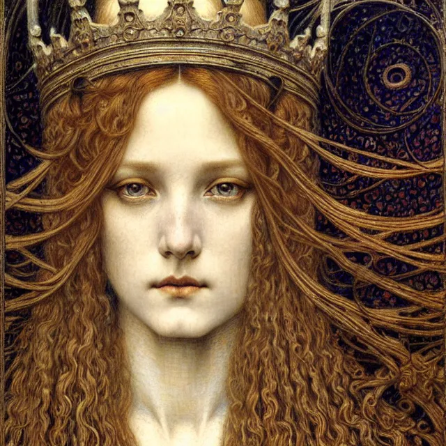 Image similar to detailed realistic beautiful young medieval queen face portrait by jean delville, gustave dore and marco mazzoni, art nouveau, symbolist, visionary, gothic, pre - raphaelite. horizontal symmetry