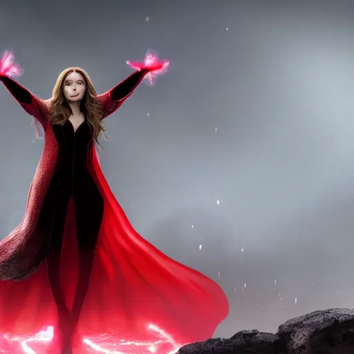 Image similar to movie still of elizabeth olsen as the scarlet witch, facing away from the camera, standing in the middle of a dark cave, holding red magic from her hands, illuminating the area, golden ratio!!!!!, centered, trending on artstation, 8 k quality, cgsociety contest winner, artstation hd, artstation hq, luminous lighting