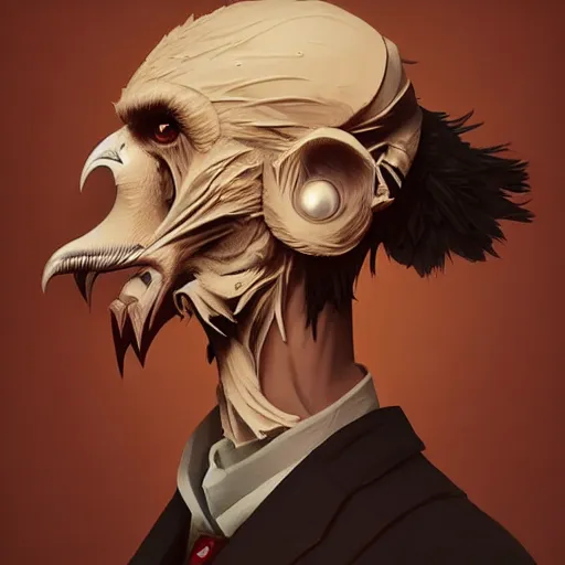 Prompt: ripped physique Man Beak portrat Sherlock Samuel Beckett Beak Detective Anthropomorphic furry fashion vogue Vulture man wearing a Buzzard costume wearing a hobo costume gerald brom bastien grivet greg rutkowski norman rockwell portrait face head beak eyes