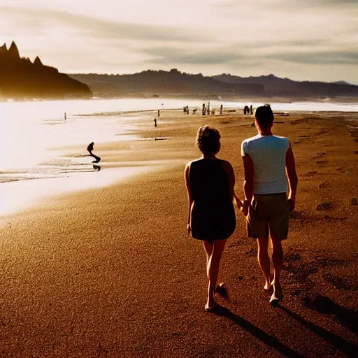 Image similar to a candid style photography of people walking on an Oregon beach, natural lighting, golden hour, well lit, Kodak gold 200 film, trending on instagram