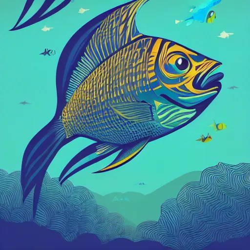 Image similar to profile of one stylized fish in center of view, dark ocean, complex patterns, artstation, intricate, realistic, highly detailed, digital painting, concept art, sharp focus, illustration by tom whalen and charles williams and kilian eng and james jean