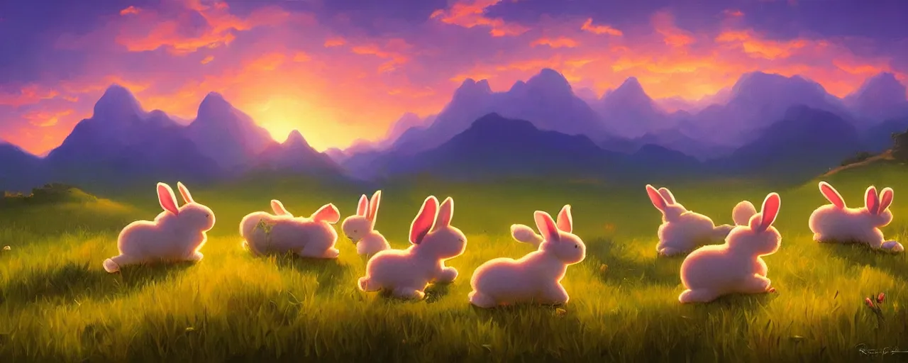 Prompt: cotton bunnies hopping around in a beautiful nature landscape with clouds, mountains, in background, sunset, by rhads