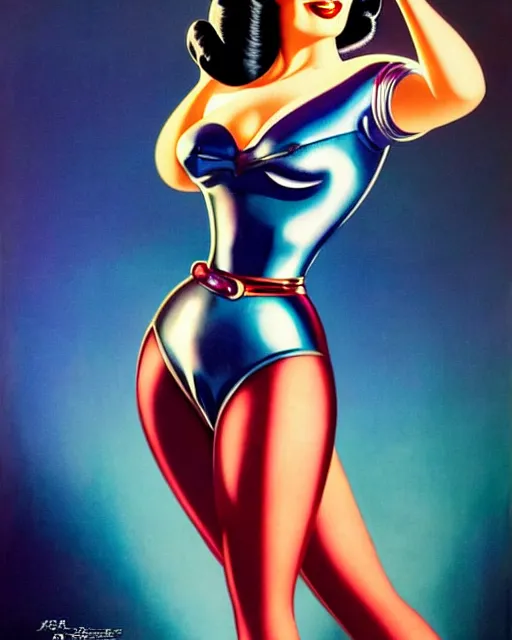 Image similar to closeup beautiful retro space dita von teese posing with a chrome robot in diesel punk city at night, pinup, windblown dark hair, seductive, hyper detailed, digital art, smooth, sharp focus, gil elvgren, anna dittmann alberto vargas, 1 9 5 0, when mars attacks