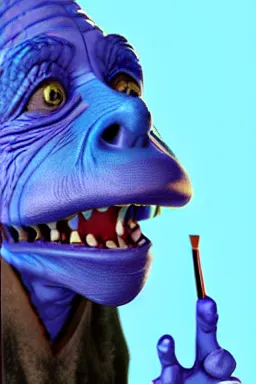 Image similar to a beautiful portrait of a happy blue goblin creature with a paint brush by james gurney | unreal engine :. 3