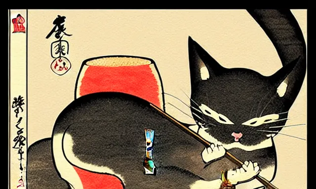 Prompt: cat ripping a bong, japanese woodblock, classical japanese art, traditional japanese art, kitty, cat, neko, weed, marijuana, cannabis, highly detailed, beautiful colors, award winning, dark, gritty, ink and watercolor