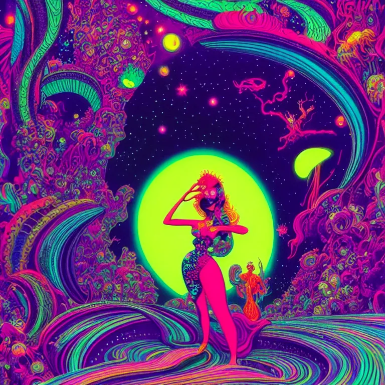 Image similar to cosmic girl, infinite fractal dimensions, bright neon colors, highly detailed, cinematic, eyvind earle, tim white, philippe druillet, roger dean, lisa frank, aubrey beardsley