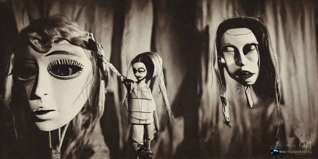 Image similar to 1 9 7 0 s female alive, eerie, creepy masked marionette puppet, lana del rey, unnerving, clockwork horror, pediophobia, lost photograph, dark, forgotten, final photo found before disaster, realistic, vintage noir, polaroid,