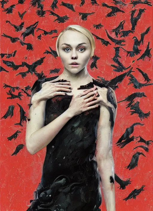 Image similar to portrait of annasophia robb standing on her knees, frozen cold stare, mouth open in shock and bliss, blood red background, transparent gray skirts, stockings, crows swarming trapped in the void as a symbol of death, in style of surrealism of Francis Bacon painting, Ilya Kuvshinov, John Singer Sargant, impasto textures of Chaim Soutine and Frank Auerbach, American Gothic, Japanese Gothic,