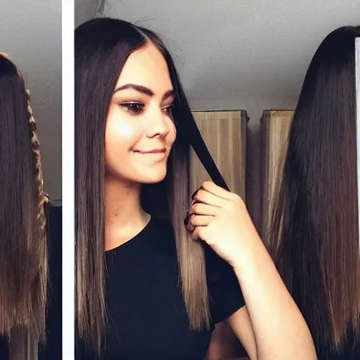 Image similar to Instagram influencer cutting her beautiful long hair off