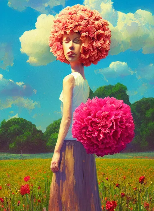Image similar to woman with a giant carnation head, flower field, surreal photography, sunset dramatic light, impressionist painting, colorful clouds, blue sky, digital painting, artstation, simon stalenhag