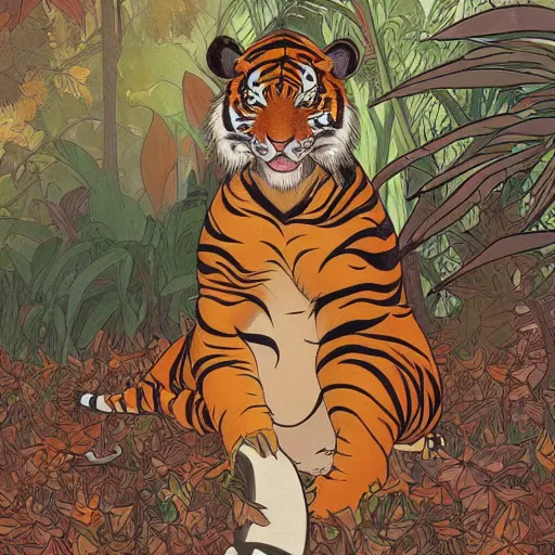 Image similar to a highly detailed portrait of cartoon tiger, sweating and flapping fan, autumn leaves on the ground, concise lines, ultradetailed environment, sharp focus, cinematic lighting, character art, 8 k, by alphonse maria mucha and kim jung gi