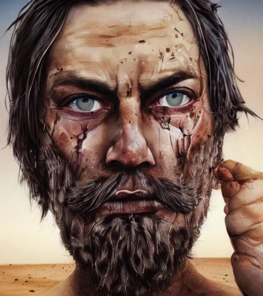 Image similar to portrait of muscular, tired and alcoholic 3 0 - year - ol 5 grieving man with short darkblonde hair, serious sad look in his eyes, looking down, dirty beard, blue eyes, crying tears, wearing dirty soldier uniform, on the desert, sad atmosphere, hyper realistic face, character art, art by mark brooks, cryengine, trending on artstation, digital art