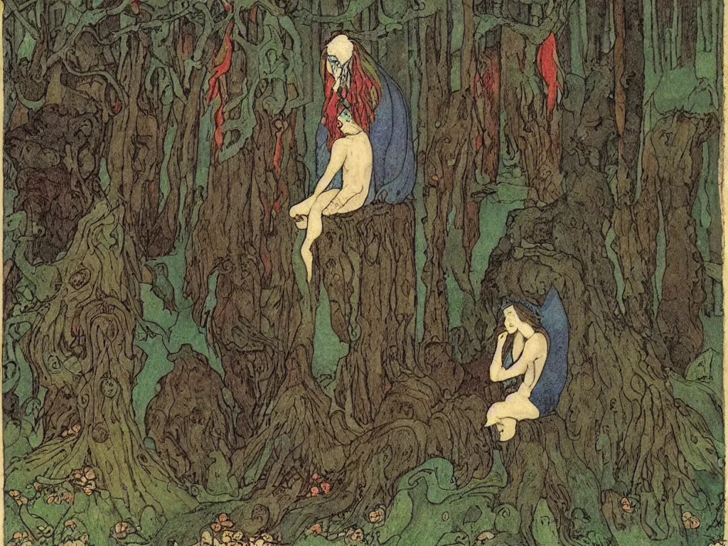 Prompt: a sad demon dressed like a harlequin, sitting in the forest on a tree stump and crying and sobbing. by Ivan bilibin and john bauer