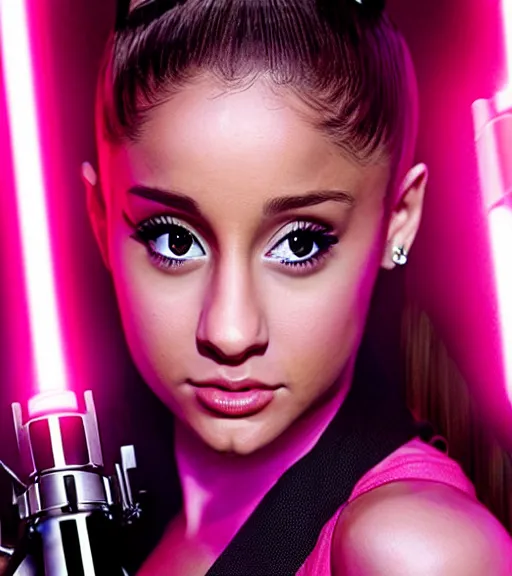 Prompt: A hyper realistic photo of Ariana Grande in the Star Wars universe with two pink lightsabers held in each hand. Maximum detail on artstation, photo realism, vivd details, vivd colour