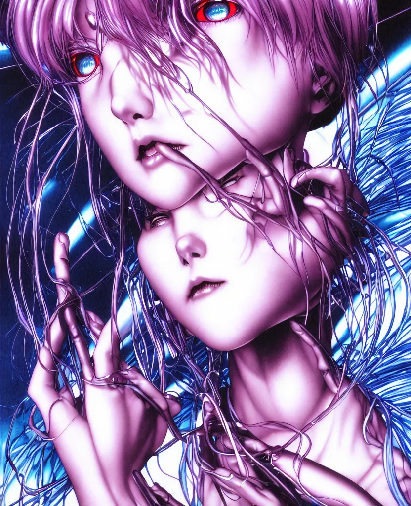 Image similar to realistic detailed image of ultra mega rainbow realistic detailed female character rei ayanami symmetrical depth perception masterpiece depth of field action horror gothic vivid colors art by yoshitaka amano by yukito kishiro by yoshiyuki sadamoto by artgerm by hajime sorayama