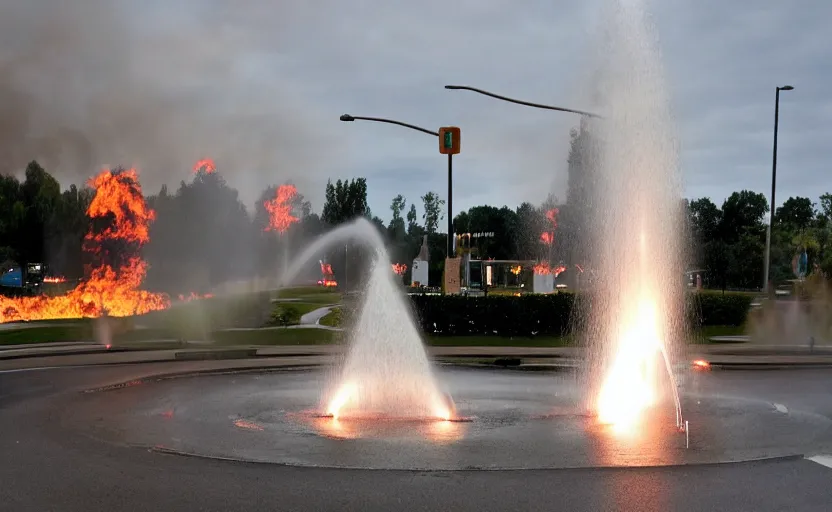 Image similar to a photo of a roundabout with a fountain shooting fire