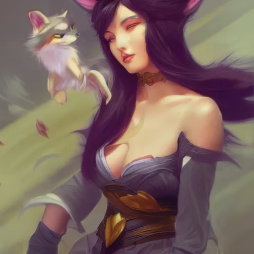 Image similar to Ahri League of Legends with fox fur ears, highly detailed, digital painting, artstation, concept art, smooth, sharp focus, illustration, ArtStation, art by artgerm and greg rutkowski and alphonse mucha and Edmund Blair Leighton and Charlie Bowater