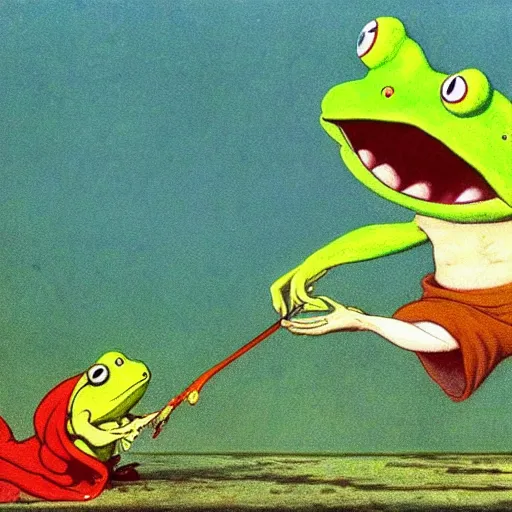 Prompt: Scary godlike fairy killing a frog, colorful , cel animation , extremely detailed masterpiece, illustration, by Michael Sowa