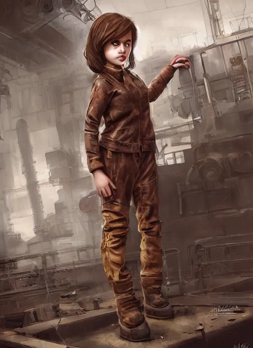 Image similar to a portrait digital painting of a young girl with hazel - brown hair. post - apocalyptic clothing. she's wearing a mechanics uniform and has been working on some large machinery. a factory background with big machines, pipes, computer monitors. painted by artgerm, ross tran.