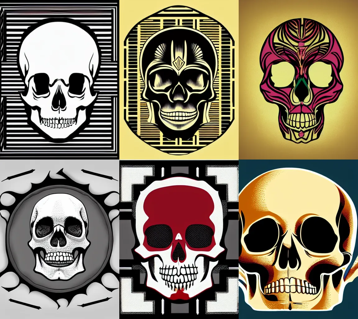 Prompt: a graphic art illustration of a human skull in an art deco style centered composition