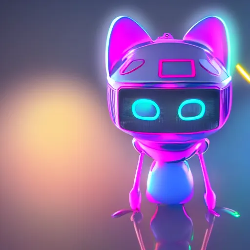 Prompt: kawaii robot cat, 3D character very realistic, very colourful, cinematic lighting, soft neon, octane render, trending on Artstation