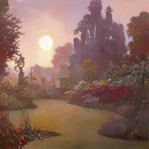 Image similar to Concept art, A garden at dusk, 8k, alphonse mucha, james gurney, greg rutkowski, john howe, artstation