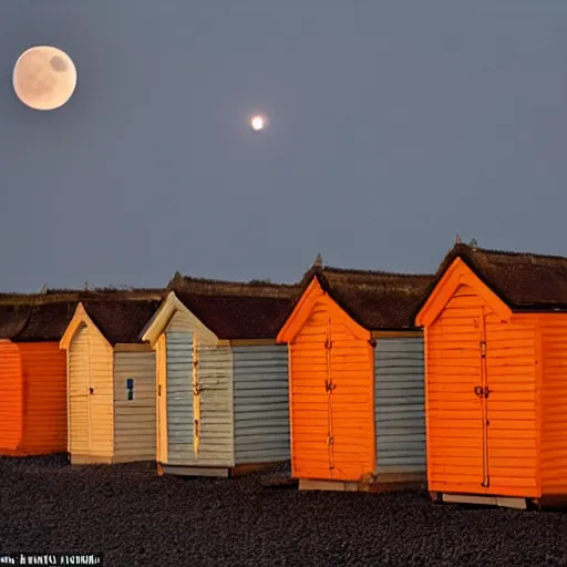 Prompt: there was a lovely orange super moon over the beach huts and the isle of wight, photo taken by an terrible photographer