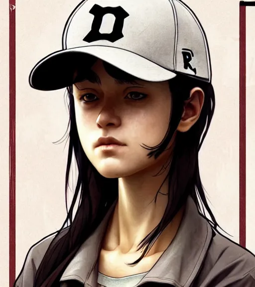 Image similar to symmetry ( clementine from the walking dead wearing her iconic baseball ( letter d ) hat ) ultra detailed, intricate, anime, dynamic lighting, digital art, digital painting, art station, wlop, sharp focus, illustration, art by artgerm and greg rutkowski and alphonse mucha