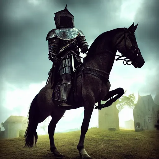 Image similar to mounted knight entering a spooky village