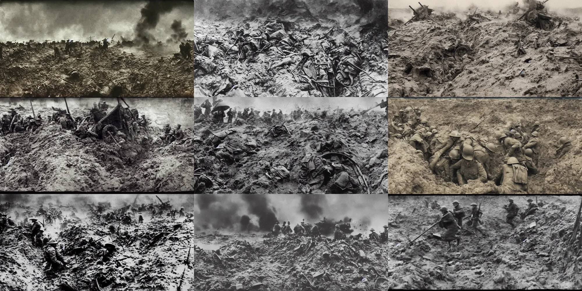 Prompt: technicolor gopro footage of ww 1 trench warfare, deep contrast, artillery blast, rain and mud, water on lens