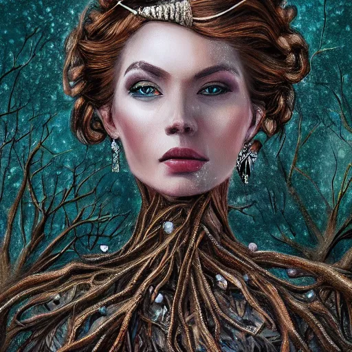 Prompt: stunning elegant lady portrait with intricate jewelry standing arms raised, present in time among a twisted devolved forest, god rays, soft focus, 8k, digital painting with rough brushstrokes, high contrast, instagram