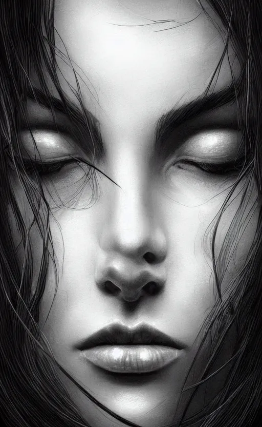 Prompt: up close portrait of a beautiful woman in black and white, photorealistic, intricate perfect hair, rule of thirds, art by diego fazio and diegoKoi and oscar Ukono, concept art, sharp focus, artgerm, 8k highly detailed