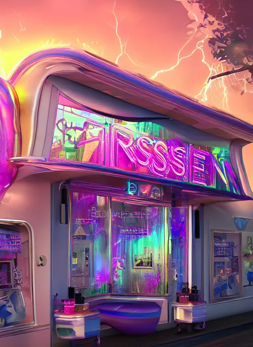 Image similar to iridescent hair salon at sunrise Details to include : * bus * cars * popcorn machine digital art, full shot RPG, official media, beautiful, detailed, high quality, wallpaper 4K, epic, trending on artstation and behance, dynamic lightning ,