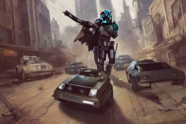 Image similar to photograph of the mandalorian entering a delorean driving down the streets of a cyberpunk abandoned city, back to the future, by greg rutkowski, by stanley artgerm, by alphonse mucha