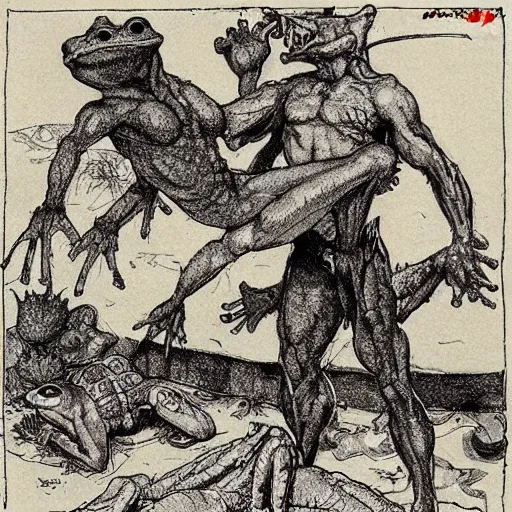 Image similar to a muscular frog man suplexing a toad man in a makeshift wrestling ring, detailed, artist arthur rackham