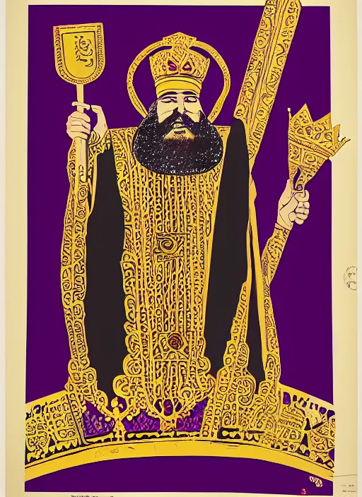 Image similar to Polish posters for Arabic king with long beard wearing purple robes, king's crown, and golden scepter. Screen printed, silkscreen, paper texture. 1968
