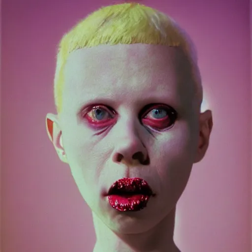 Image similar to realistic expired kodak film portrait of female albino yolandi visser, hyperrealism, hypermaximalism, photorealistic, detailed, atmospheric, 8 k, award winning photography, cinematic